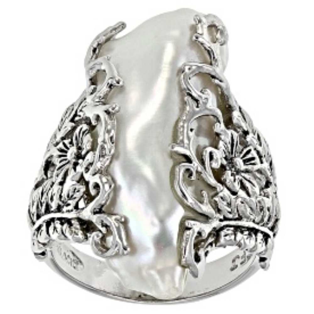 Artisan Rare Natural Cultured Pearl Intricate Floral Design SS Silver Size 7